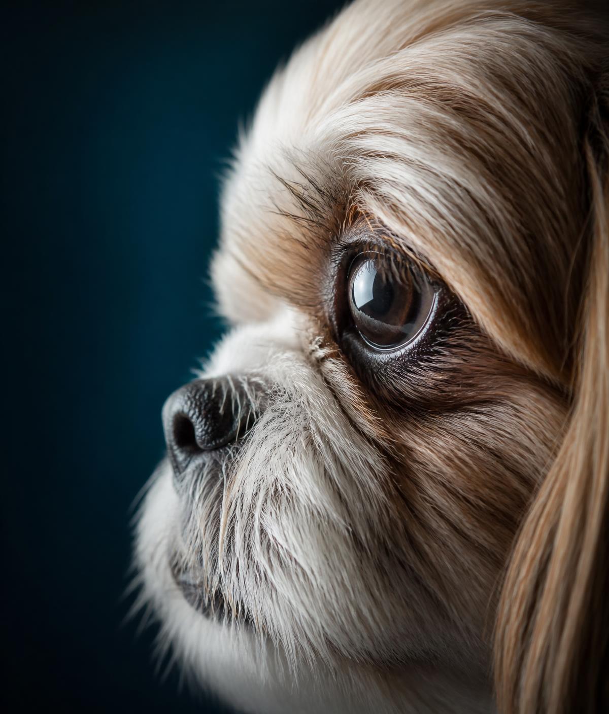 Close editorial do olho de um Shih Tzu em avaliação oftálmica